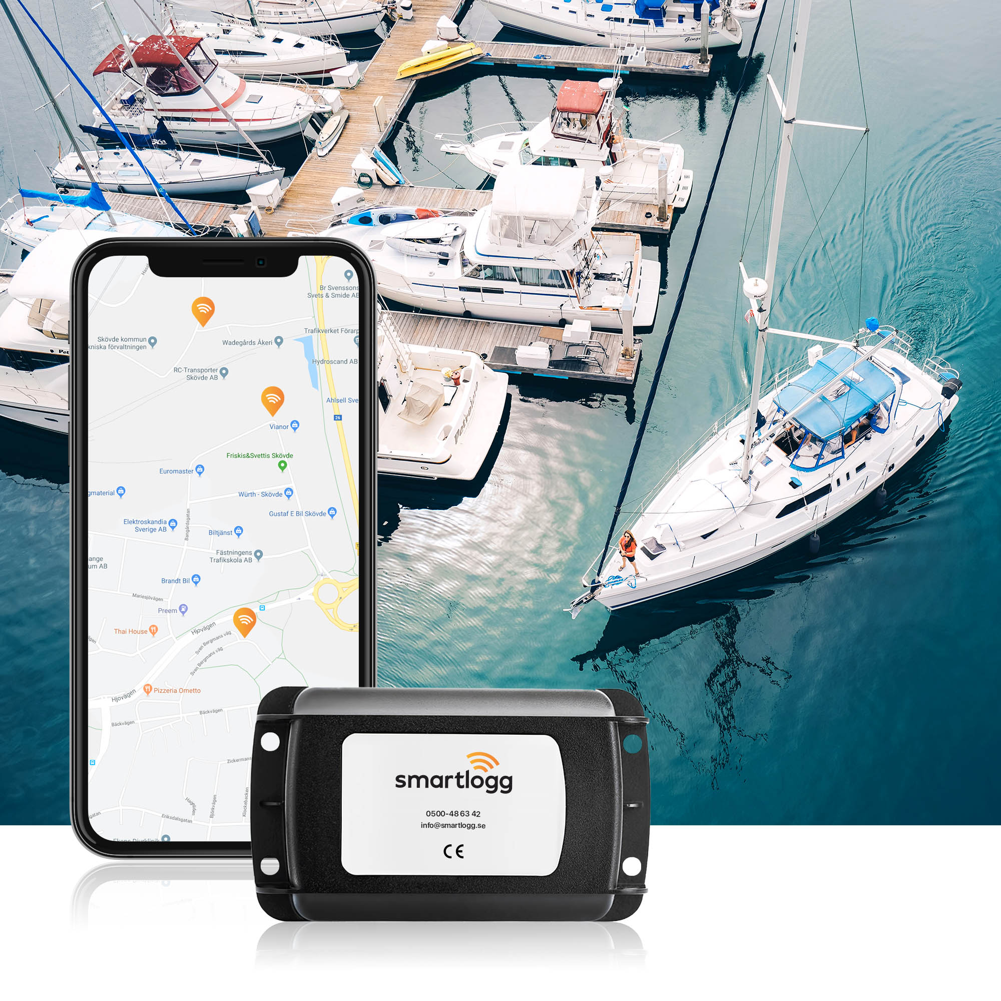 gps-tracker från smartlogg framför en mobil och en båt